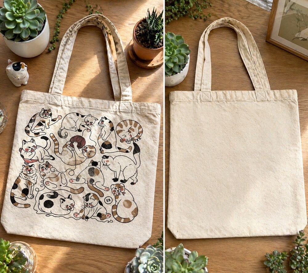Cute Cat Print Canvas Tote Bag Kawaii Aesthetic Reusable Shopper Eco Bag